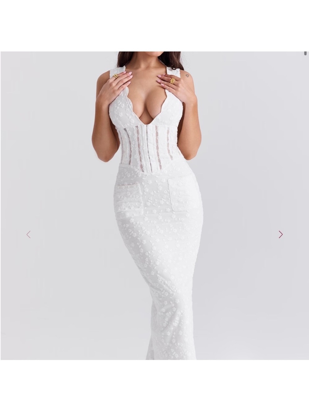 HOUSE OF CB Sophina Embroidered Plunge Neck Bustier Dress white NWT w/ plus cups - Picture 2 of 2